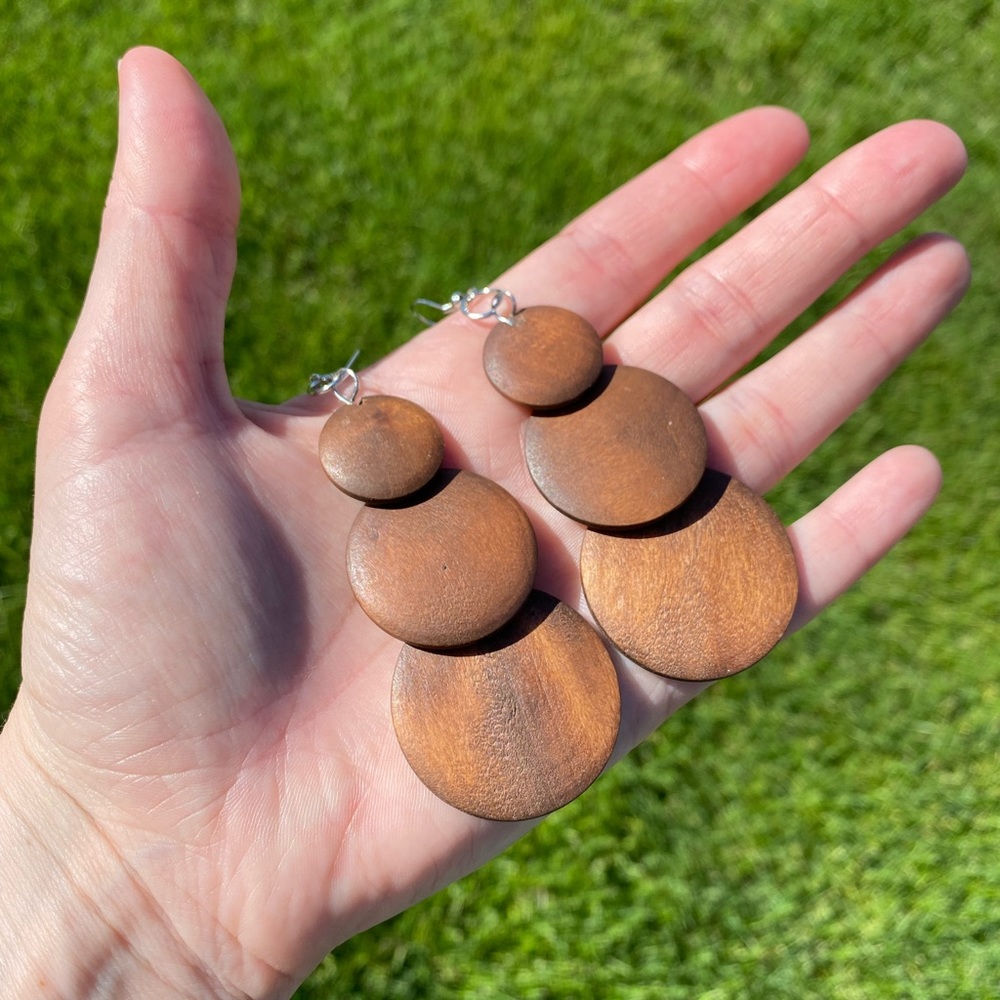 Wood Round Earrings Chandelier Tier Dangle Native Bohemian Gypsy Jewelry NEW